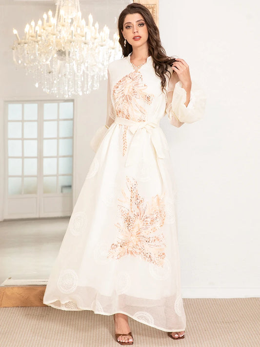 Elegant High Neck Dress with Polka Dot Jacquard Embroidery & Lantern Sleeves