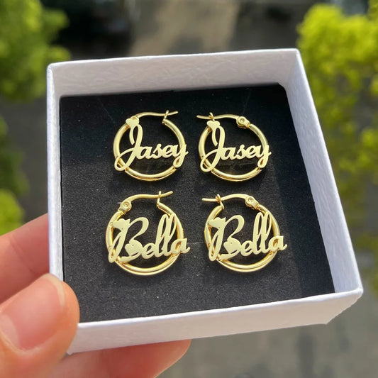 Custom Nameplate Earring Hoops 20mm 18K Gold Plated Stainless Steel Letter Round Earring