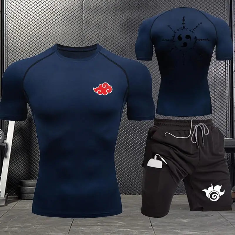Jogging Breathable Compression Sportswear Summer Men's Training Two-piece Tight T-shirt Fitness Shorts Gym Workout Set S-3xl