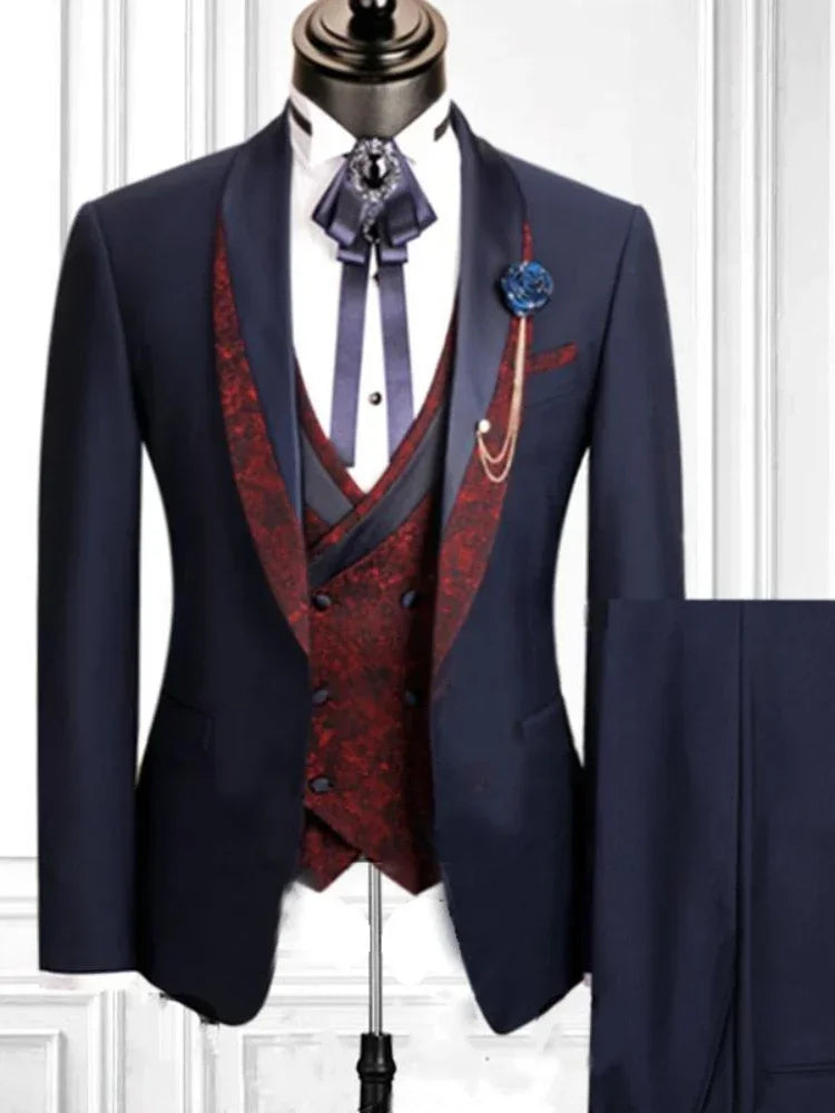 Floral Formal Suits for Men 3 Pieces Shawl Lapel Wedding Groom Tuxedo Italian Style Suit Jacket with Vest Pants Fashion