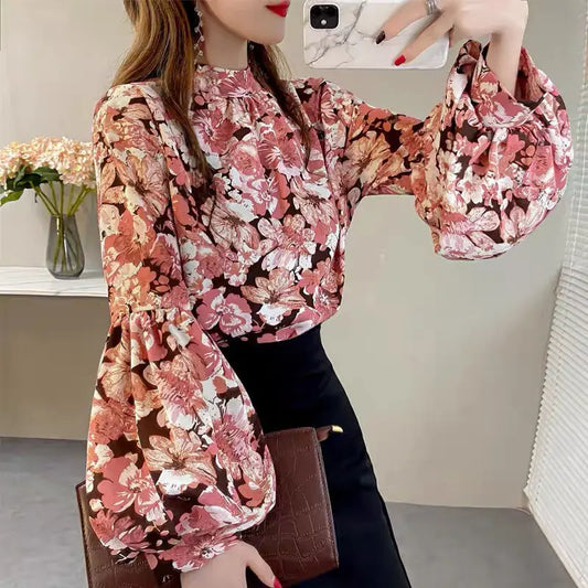 Floral Printed Lantern Sleeve Blouse Spring Autumn