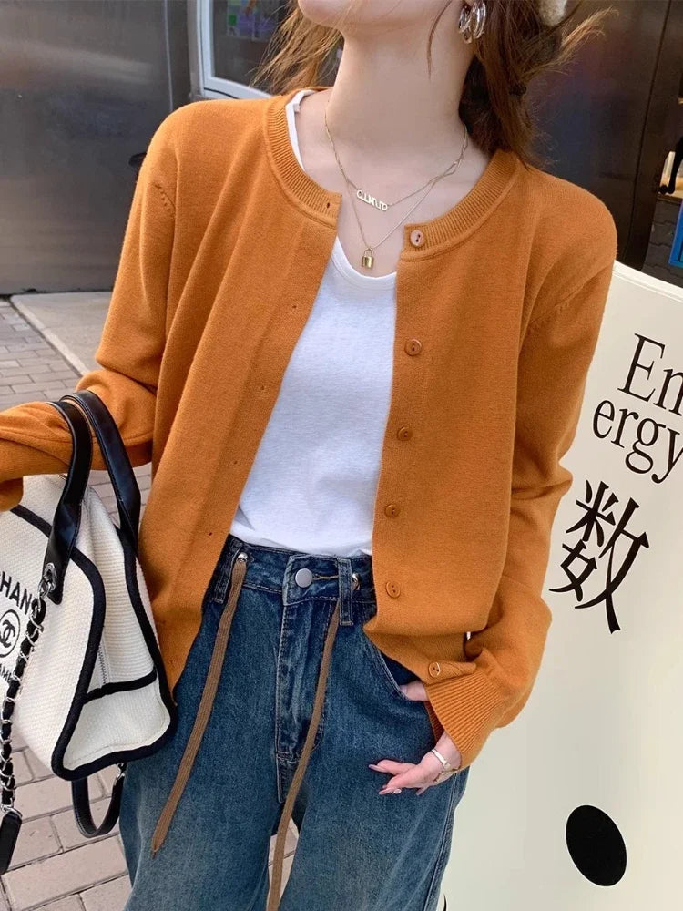 Cardigan Sweater Casual Warm Spring Summer Women O-neck Long Sleeve Single Breasted Slim Fashion