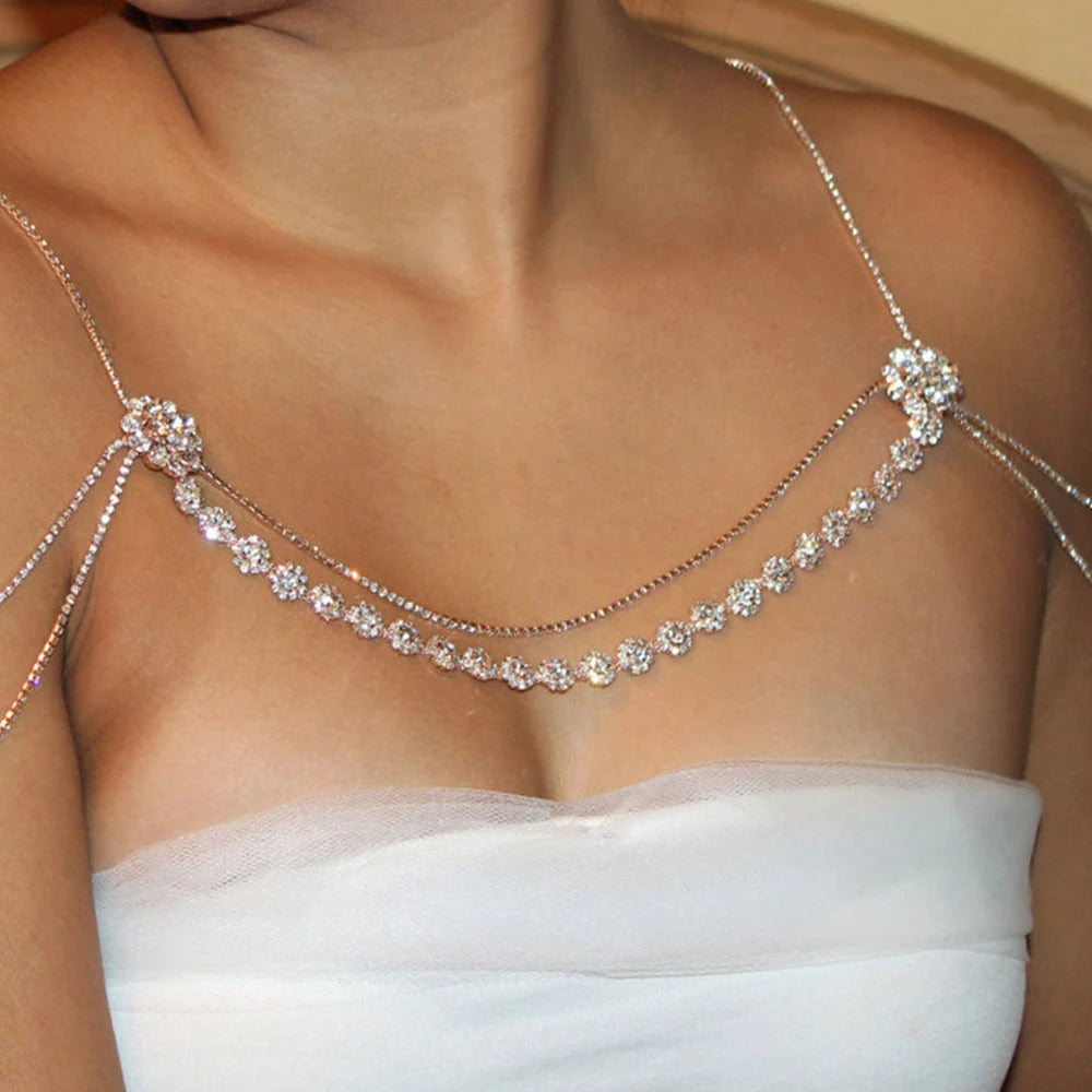 Rhinestone Flower  Shoulder Chain Necklace  Accessories Multilayer Body Jewelry Dress Lingerie