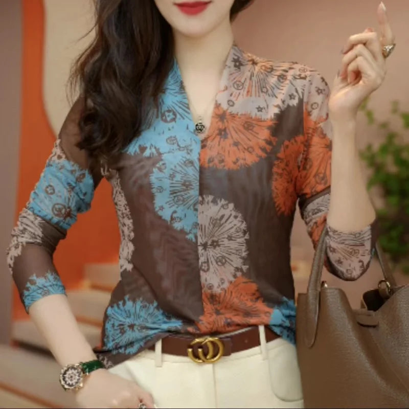 V-Neck Long Sleeve Chiffon Office Slim Spring Autumn Elegant
