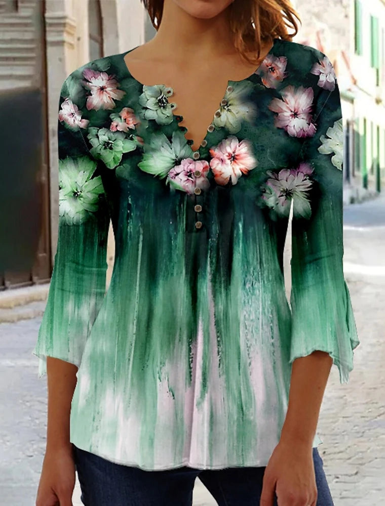 Summer Street Fashion Button-Down T-Shirt Loose Women'S Comfortable Clothing Shirt 3d Printed Trend Seven-Quarter Sleeve Top