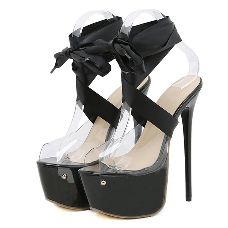 Knee High Lace-Up Platform Sandals Women 16.5 CM Transparent Shoes Stiletto Peep Toe Nightclub Heels