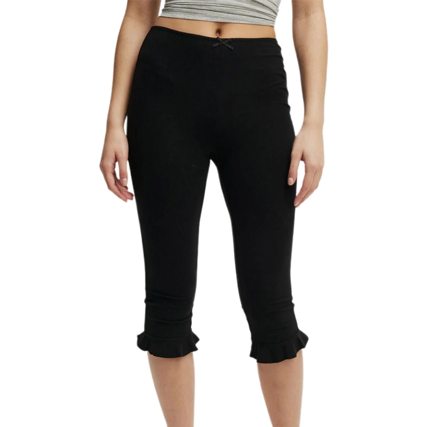 Women s Mid Waist Leggings with Solid Color Elastic Waist and Ruffled hem Casual Fashion Comfortable