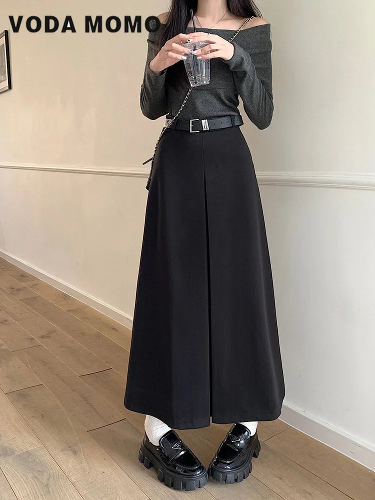 Retro High Waist Slim Mid-length  A-line Skirt