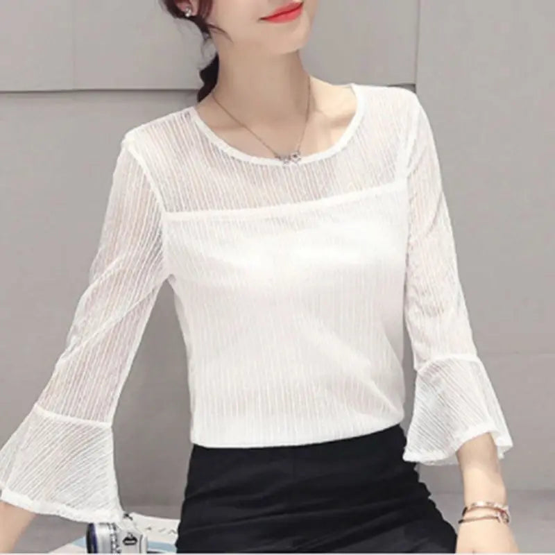 Elegant Solid Color Spliced Loose Flare Sleeve Blouse