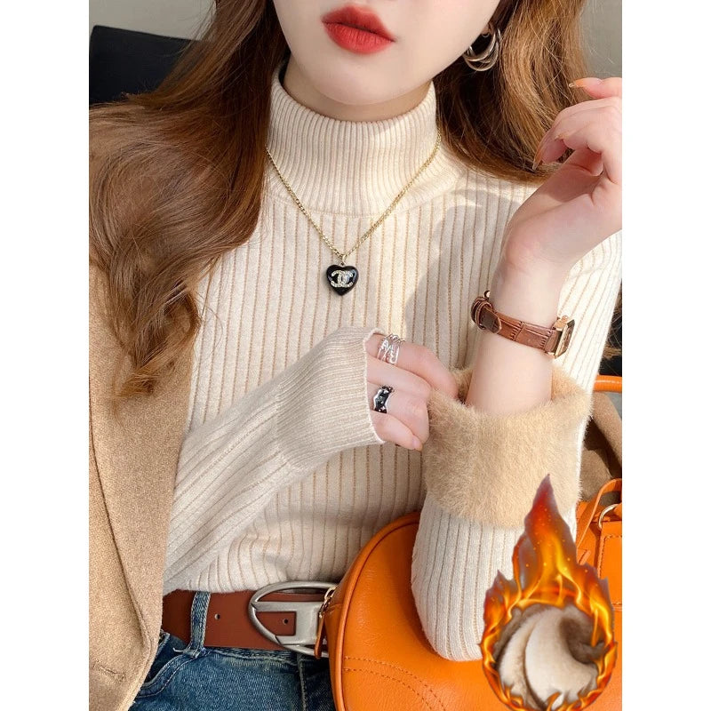 Women's Turtleneck Sweater Winter Retro Velvet Lining Thickened Inner Wear Thermal Knitting Bottoming Shirt