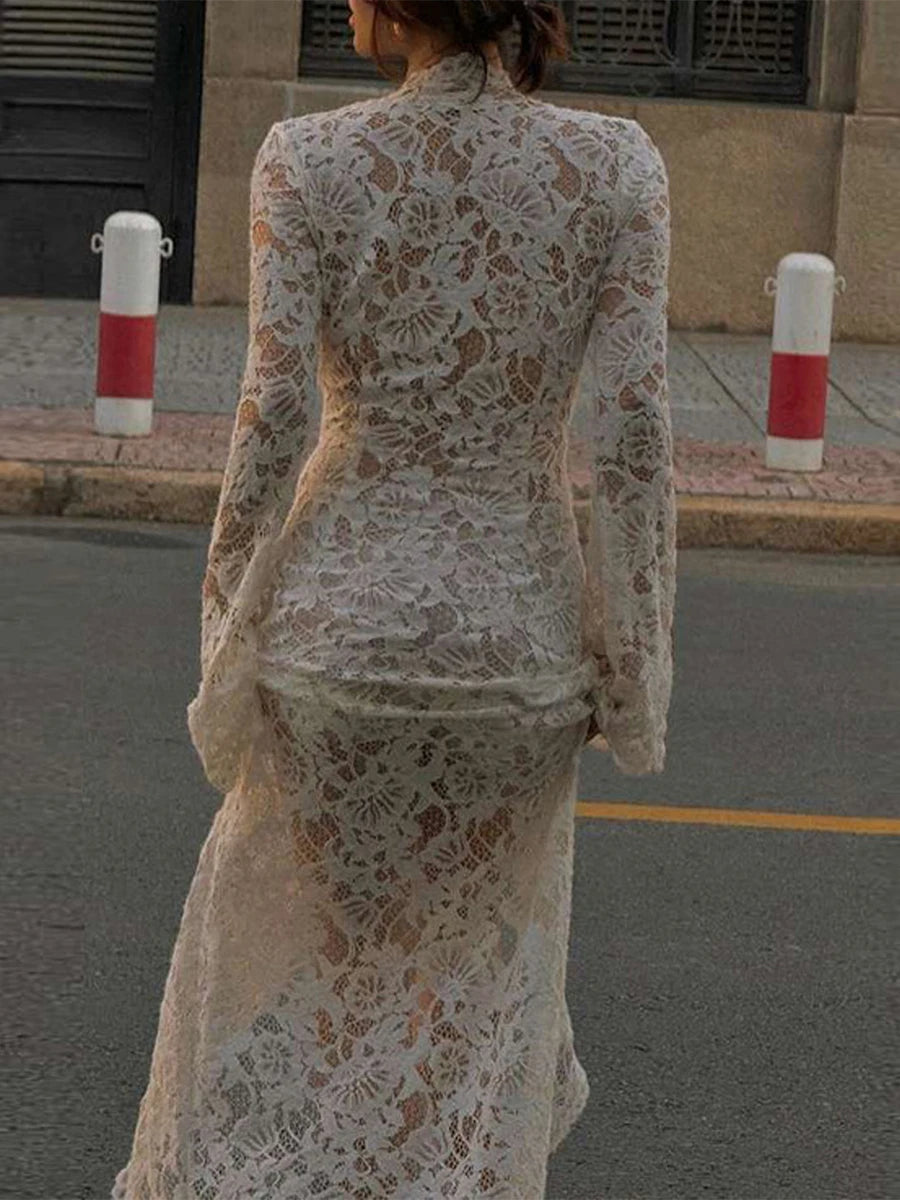 Maxi Dress with Long Sleeves Plunging V-Neckline and Floral Lace Detailing