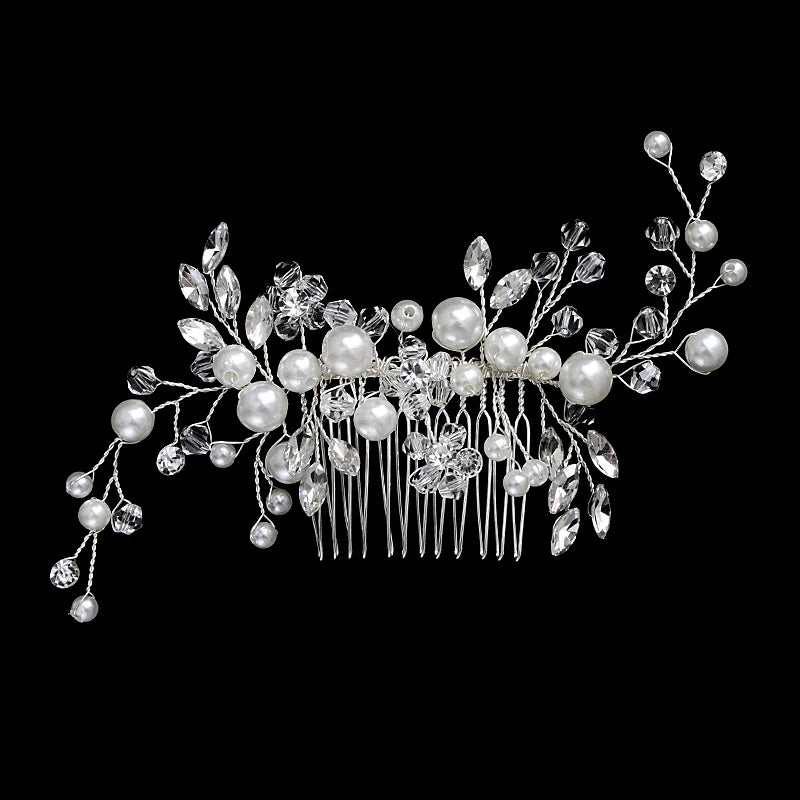 Silver Alloy Hair Comb Handmade Pearls Rhinestones Fashion Metal Headpiece Elegant Hair Jewelery Accessory For Women