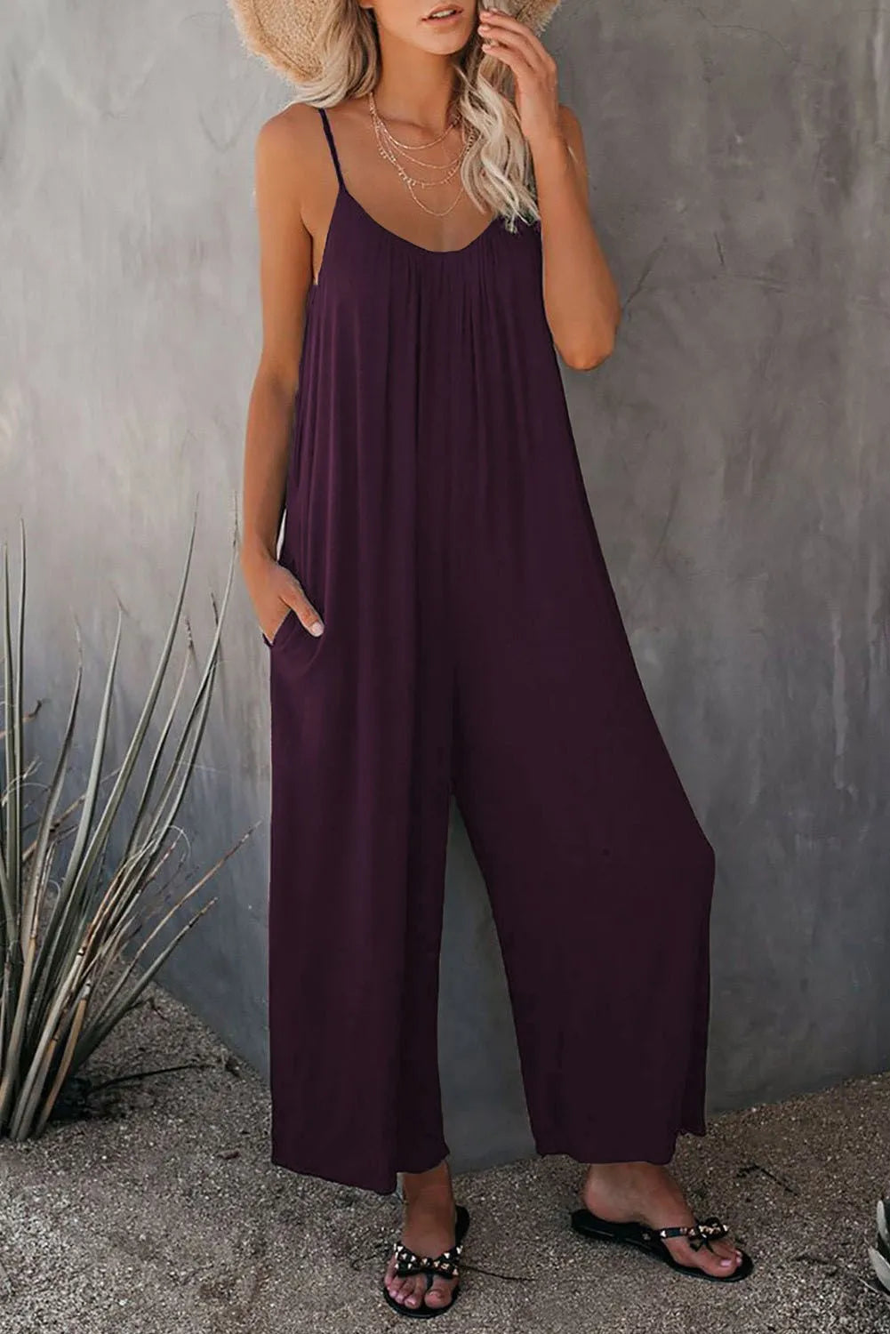 European and American Suspender  Women's Summer Foreign Trade Solid Color Pocket Casual Jumpsuit