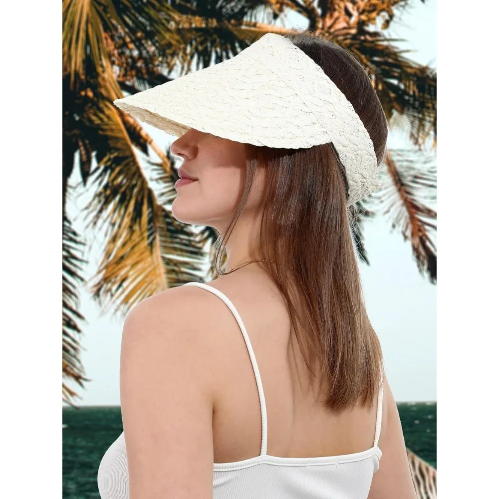 Womens Sun Hat Straw Visor UV Protection Wide Brim Packable Travel Summer Cap for Beach