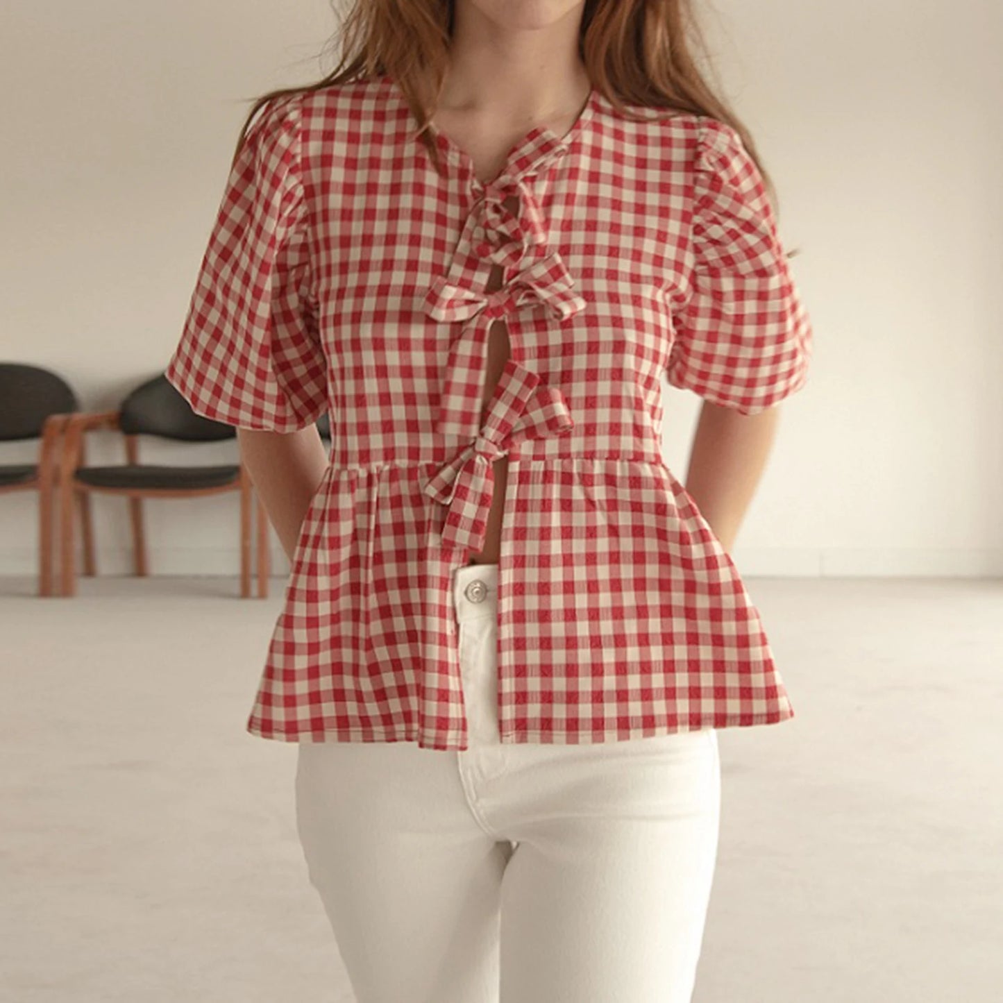 Fashion Women Peplum Shirt Puff Short Sleeve Lace Up Bow Blouse Tie Open Front