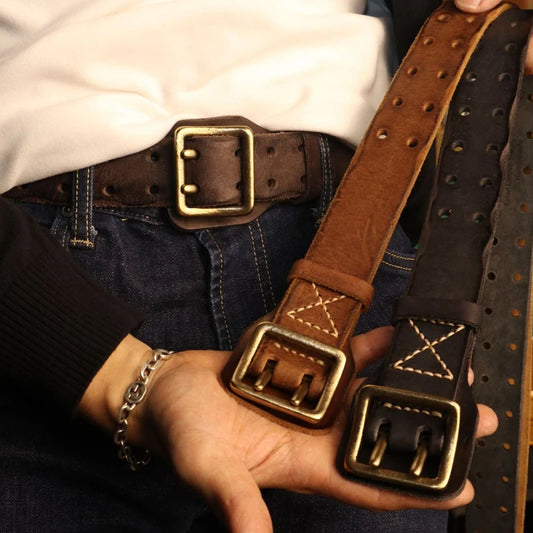 Original Handmade Double-needle Buckle Belt Washed  Genuine Leather