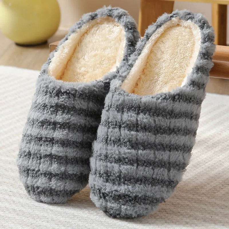 1 Pair Striped Silent Japanese Style Indoor Soft Bottom Anti Slip Cotton Slippers, Winter Insulation Durable Home Cotton Slipper
