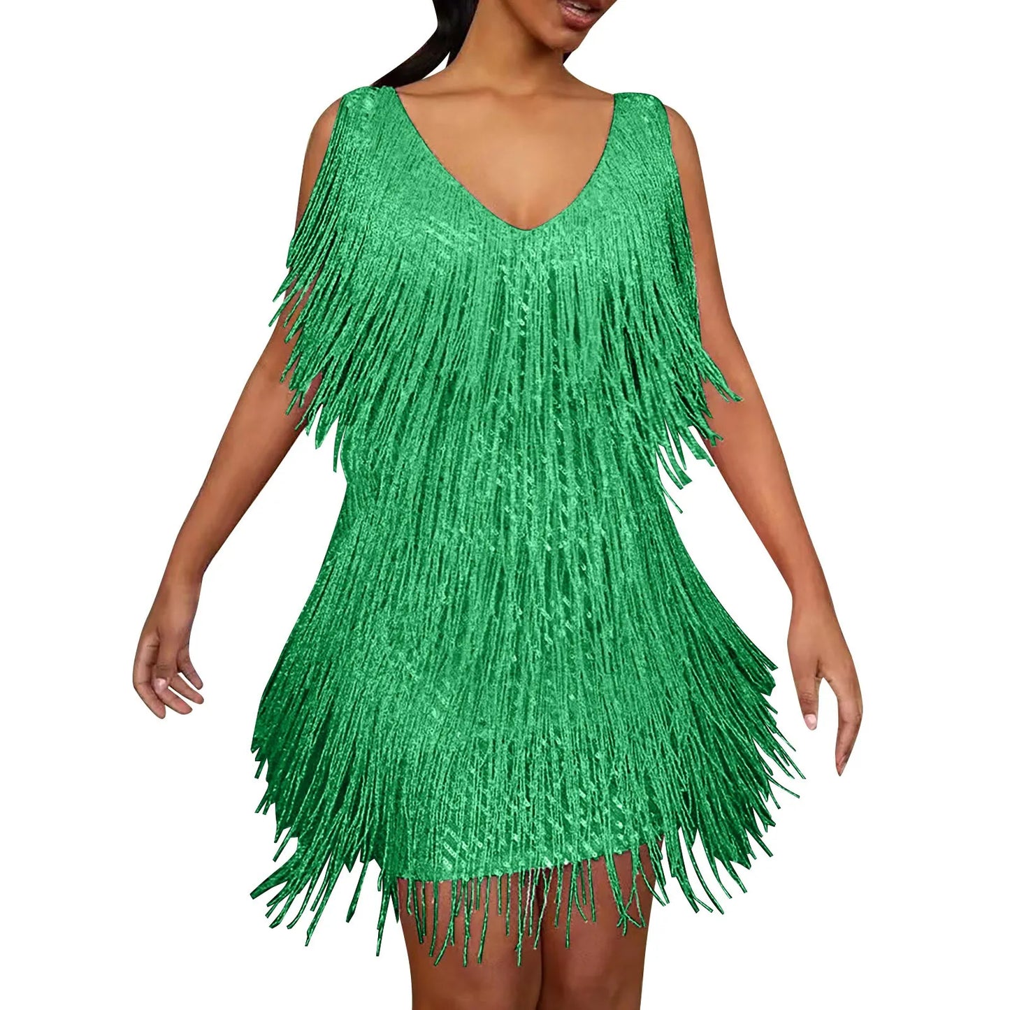 Sequin Suspenders Fringe Mini Dress Women  Solid Color Cocktail Party Bodycon Elegant Slings Tassel