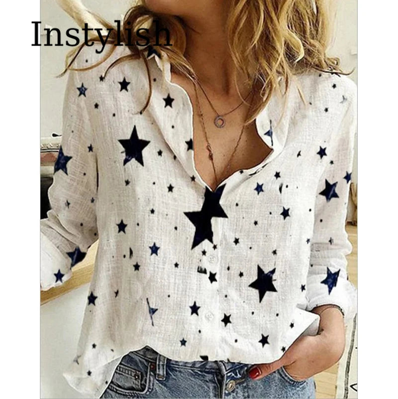 Elegant Cotton Linen Shirts Women Casual Solid Button Lapel Blouses Shirts  Long Sleeve Loose Tops