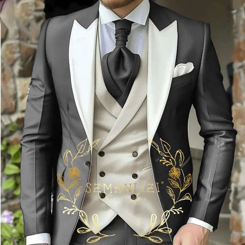 Classic Men's Suit 3 Piece Tuxedo Peaked Lapel Groomsmen Wedding Suits Set Fashion Men Business Blazer Pants Vest