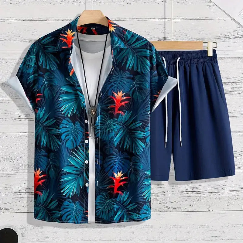 Fun 3D Flower Pattern Men's Hawaiian Shirt Sets Summer Short Sleeve Tops Beach Shorts 2 Piece Casual Vacation Outfit Clothing