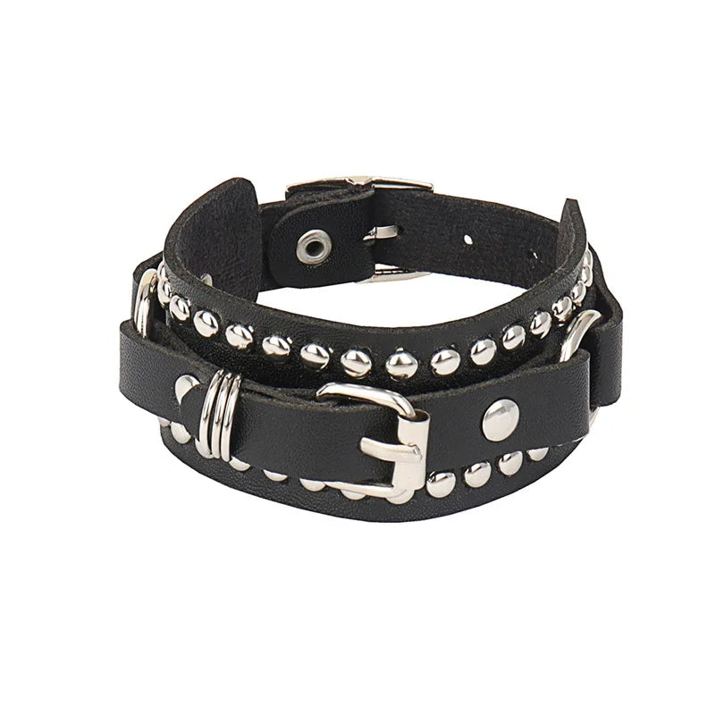 Punk Hip Hop Rock PU Leather Bracelet Unisex Trendy Chain Skull Pentagram Rivet Bracelet