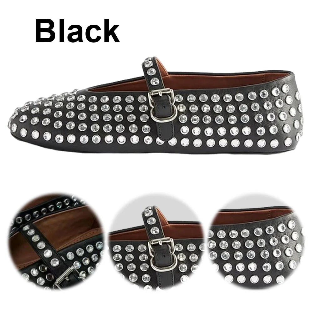 Glitter Shoes with Buckle Strap Rhinestone Ballet Flats Round Toe  Comfortable