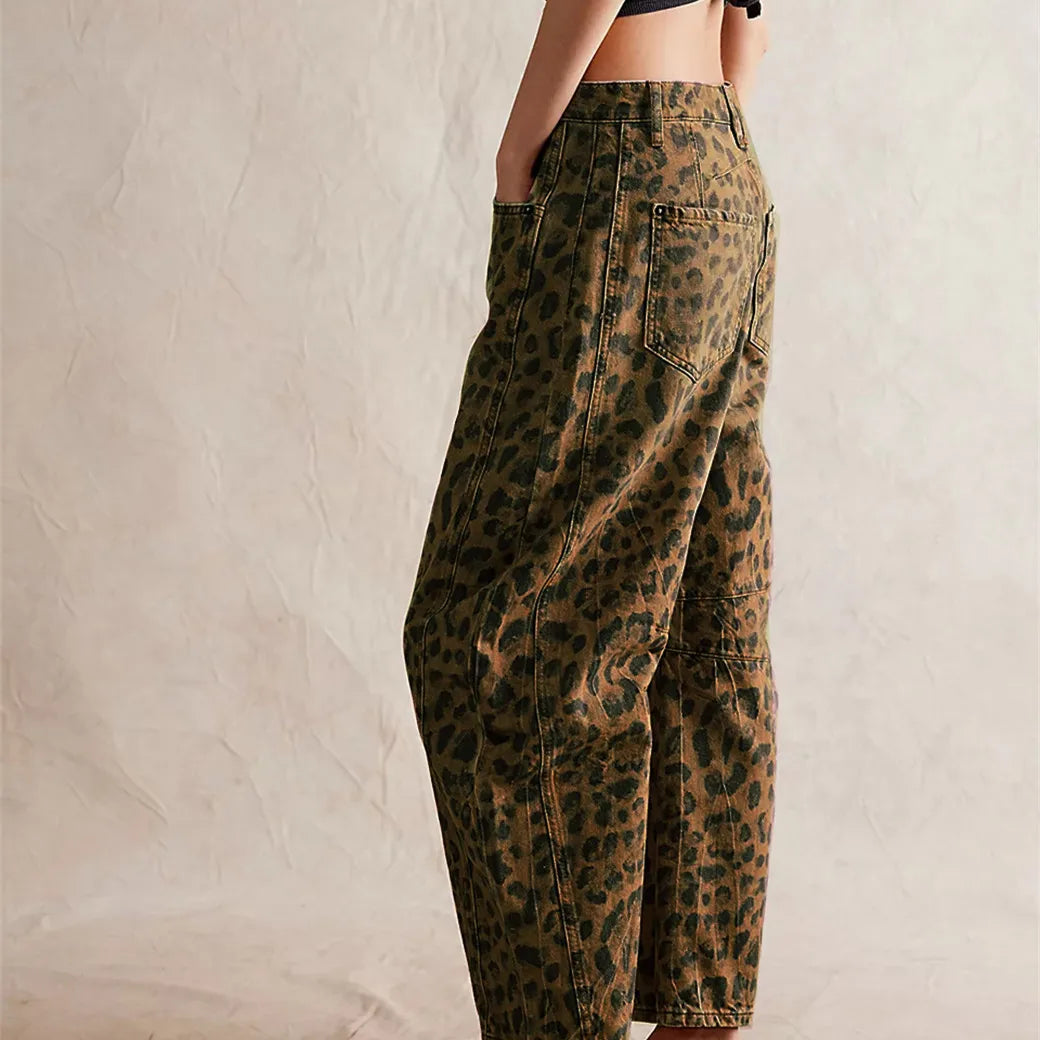 Women Leopard Barrel Jeans  Cheetah Printed Baggy Boyfriend Jeans Mid Rise Wide Leg Denim Pants Horseshoe Jeans