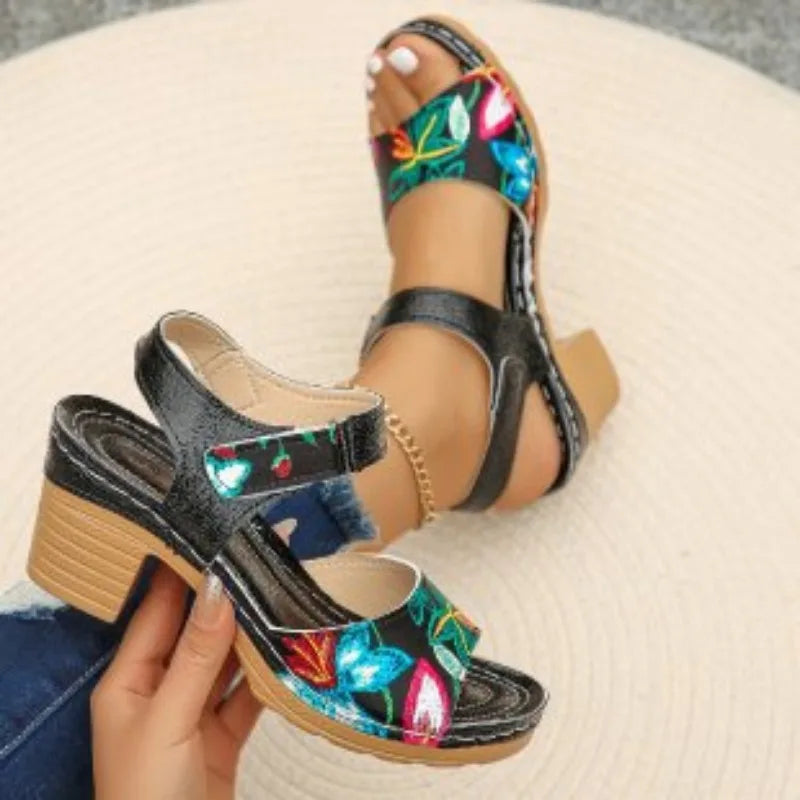 Women's Peep Toe High Heel Sandals Summer Gladiator Shoes Chunky Heel Platform Women's Sandals Flower Ladies Heeled Shoes