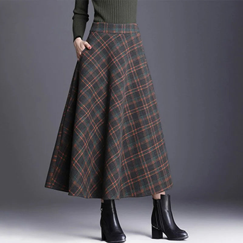 High Waist Woolen  Plaid Patchwork Pockets  A-line Large Swing Skirt