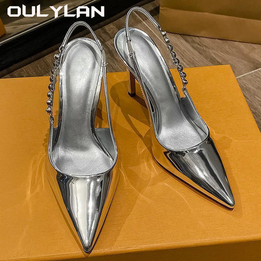 Metallic Crystal Sandals Shiny High Heels Sling back Silver Stiletto Heeled Shoes Party Dress Shoes