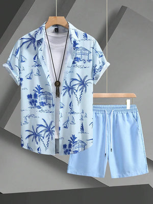 Hawaiian Coconut Tree Print Men's Shirt Summer Short Sleeve Tops Beach Shorts 2 Piece Sets Casual Vacation Style Outfit Clothing
