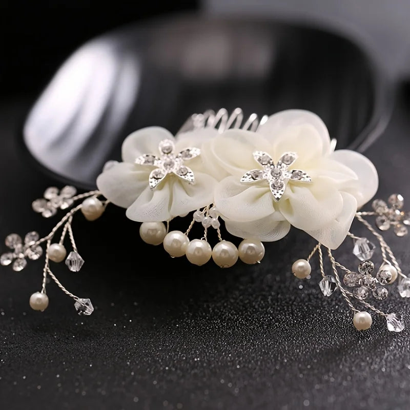 Hair Comb Flower Hair Ornaments Hair Comb Pearl Rhinestone Headpiece For Women Girls Headdress Floral Jewelry