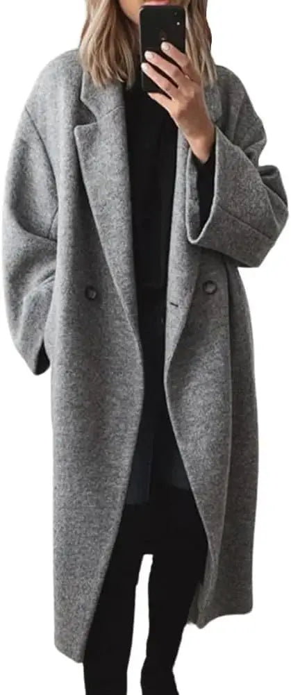 Double Breasted faux wool Coat Long Sleeve Notch Lapel Long Trench Coat