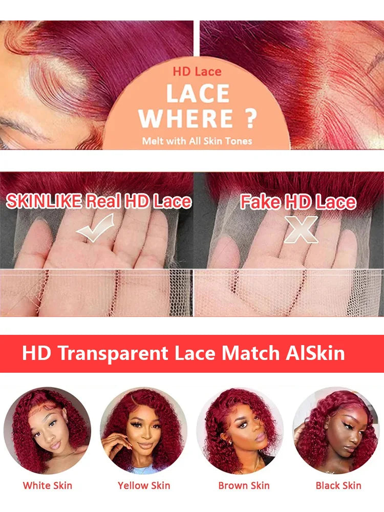 250 Density 13x4 Curly 99J Burgundy Colored Lace Front Wig 30 40 Inch Deep Wave 13x6 HD Lace Frontal Human Hair Wigs