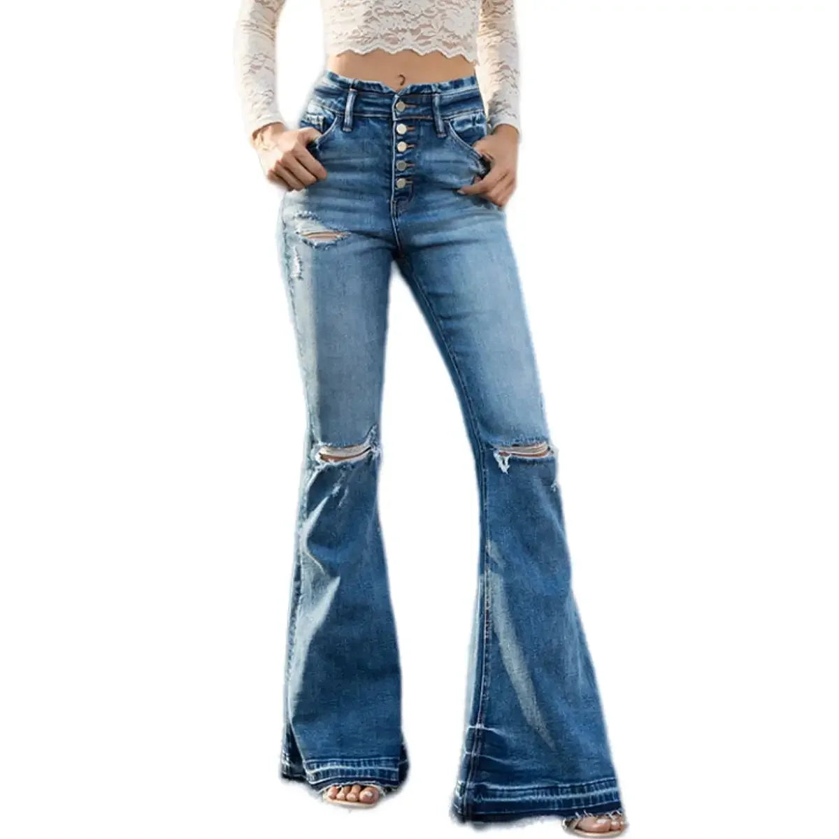 Medium Blue Bell Bottom Denim Pants Casual Summer Streetwear Comfortable Minimalist Design with Pockets