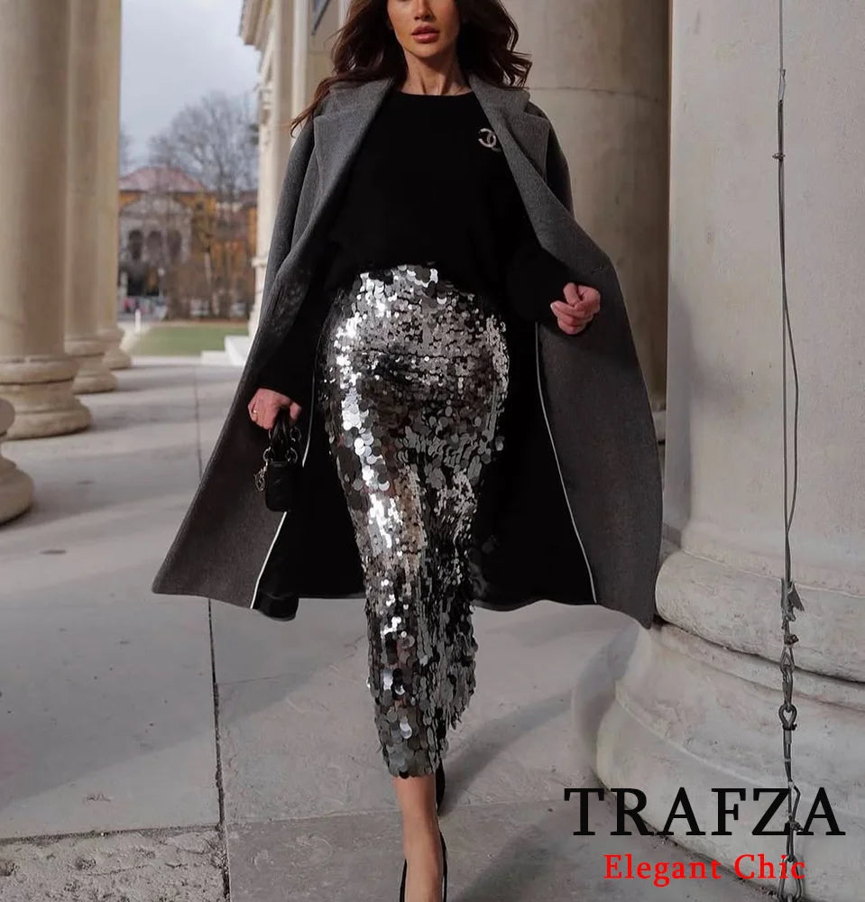 Sequined Midi Skirt Silver Color Hip Wrap Slim