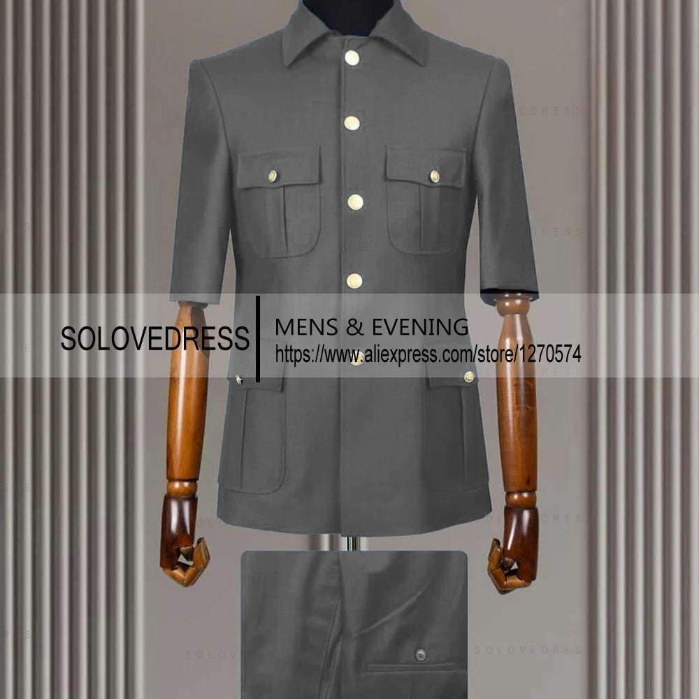 2 Piece Lapel Short Sleeves with 4 Real Pockets Single Breasted Slim Fit Summer Suits