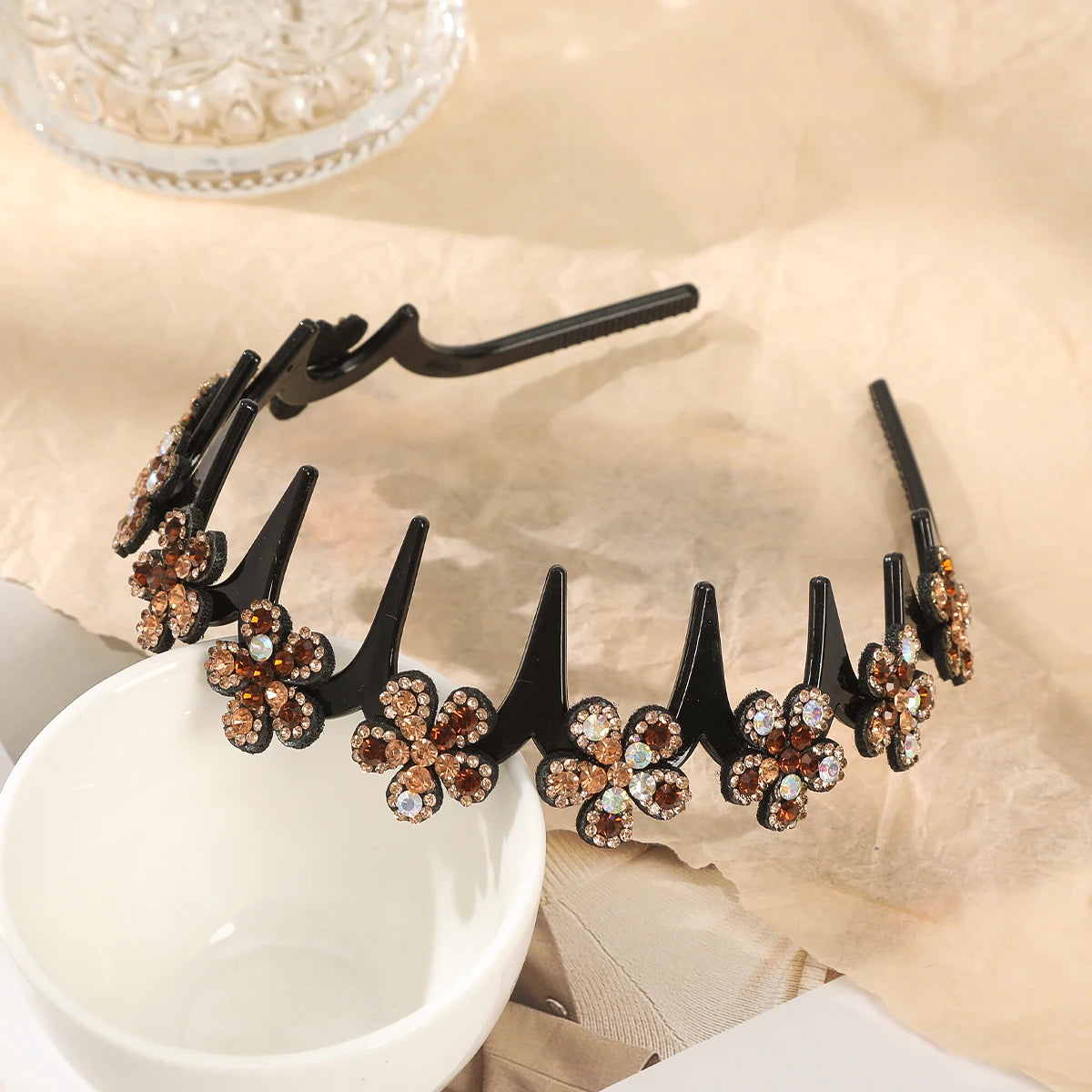 Flower Rhinestone Wave Hairband Headbands Hair Hoops Women  Retro Hair Hoops Face Wash Hairpin Fluffy Texture Toothed Comb