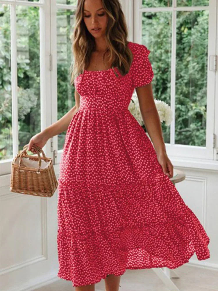 Vintage Print Puff Sleeve summer Beach sweet dresses Casual Square collar floral maxi long dress