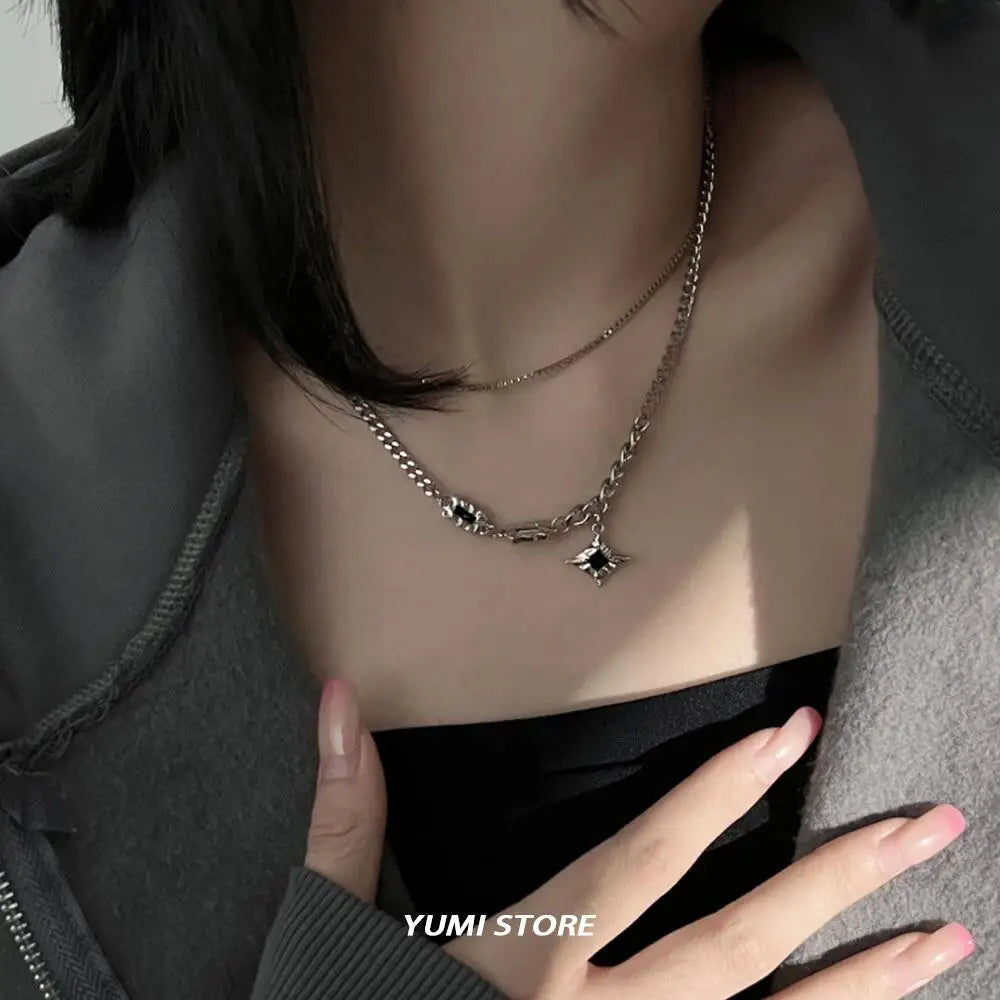 Zircon Double Layer Necklace For Men Women Trend Charm Titanium Steel Pendant Chain Unisex Jewelry