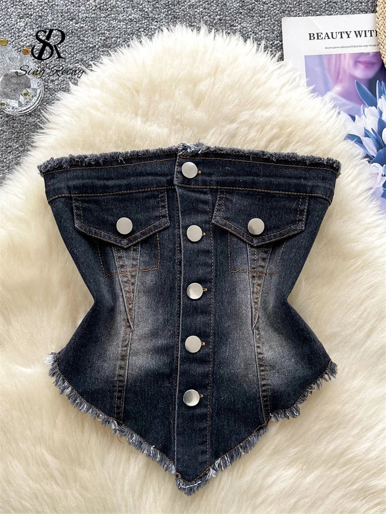 SINGREINY American Retro Strapless Denim Top Women Elastic Ruched Irregular Fashion Blouse Hotsweet Short Beach Sexy Tank Top