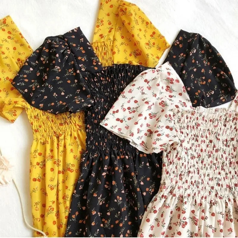 Spring Summer Chiffon Dress Women Midi Dresses Female Short Sleeve Elastic Waist Printed Floral Pleated  Casual Dress