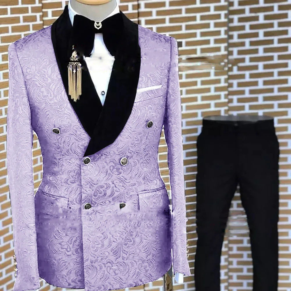 Gray Formal Suit for Men Floral Jacket Pants 2 Piece Set Tuxedo Elegant Men's Suit Handsome Blazer