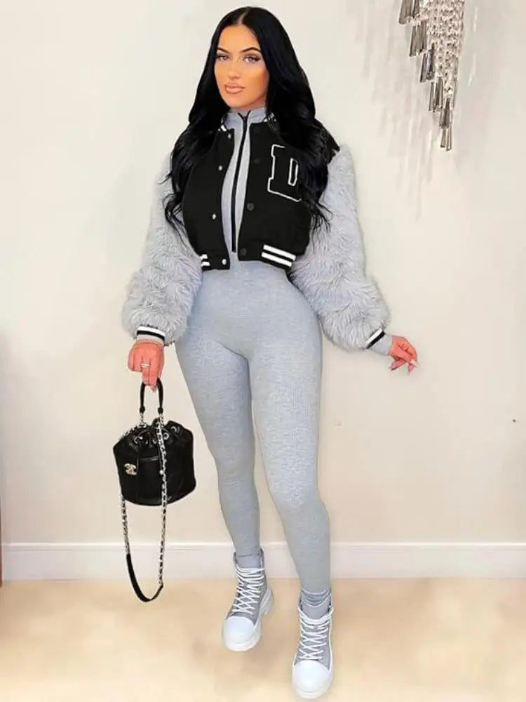 Women Faux Fur Sleeve Cropped Baseball Jacket Casual Letterman Coat