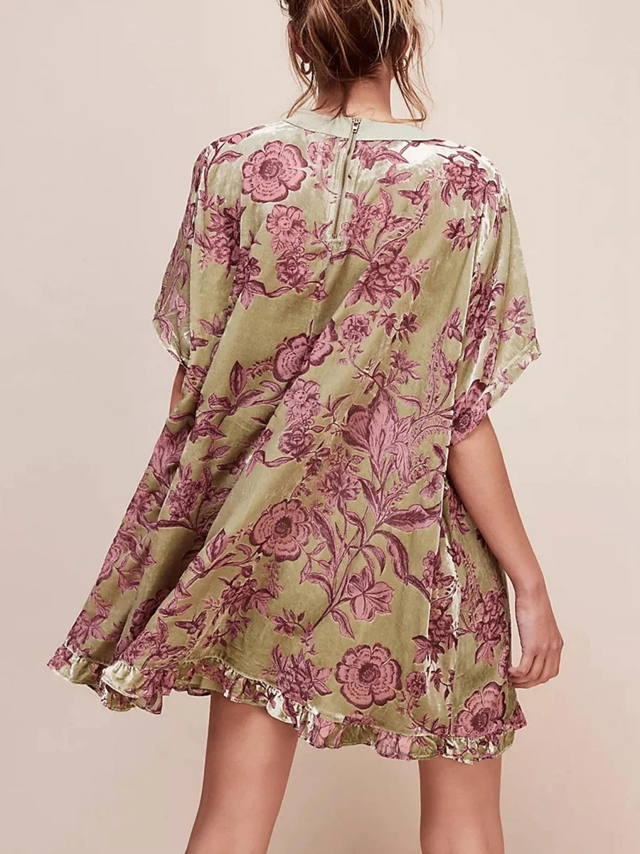 Velvet Mini Dress V-Neck short Sleeve Floral Print