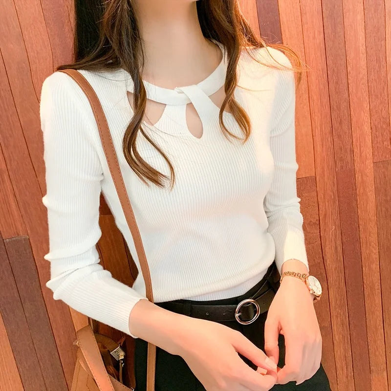 Women's O-neck Stretch Sexy Pullover Hollow Solid Color Sweater Bottoming Shirt Jumper