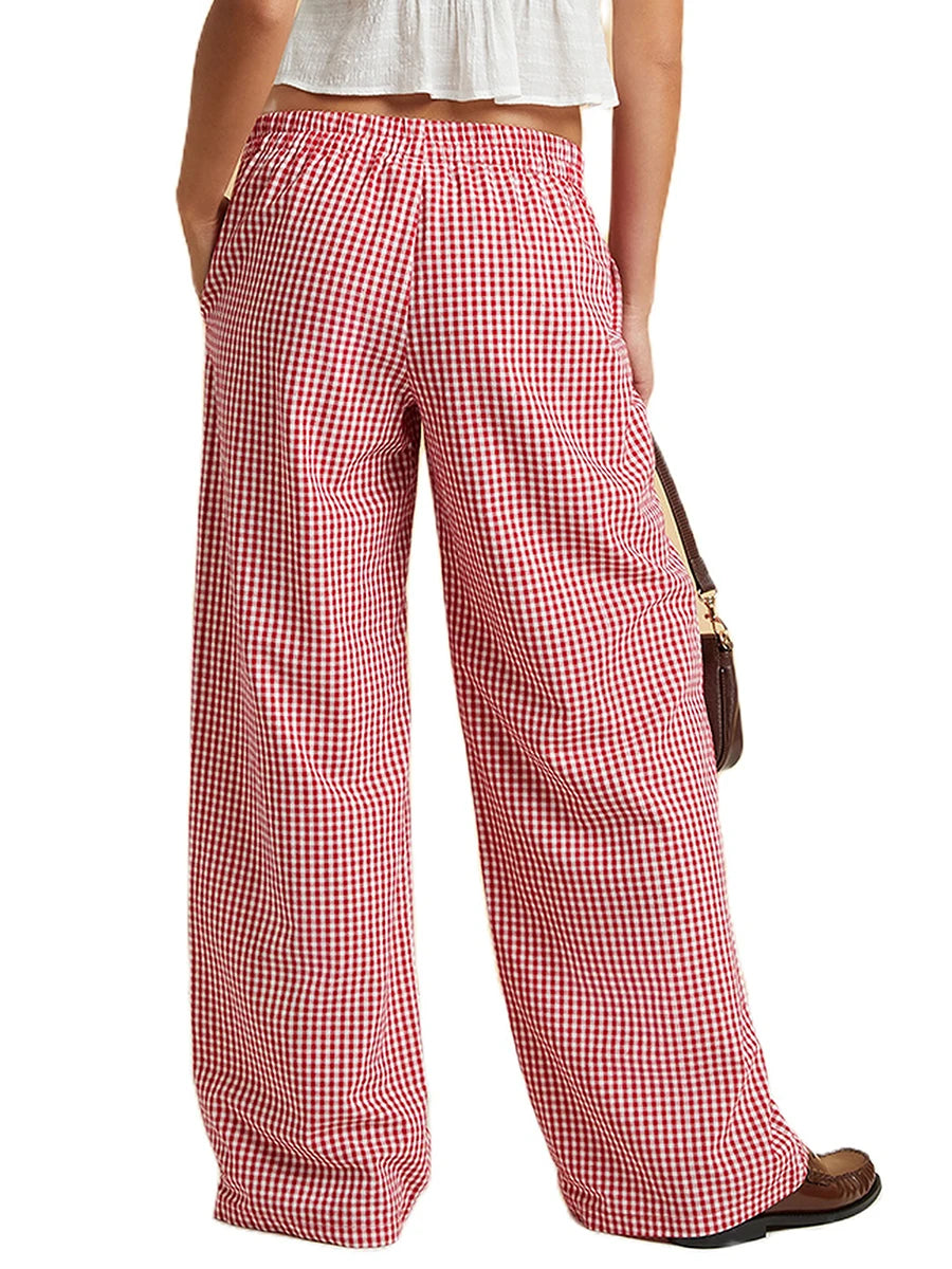 Women s Plaid Wide-Leg Pants with Button Detailing Elastic Waistband and Loose Fit for a Casual Spring Summer Look - Stylish