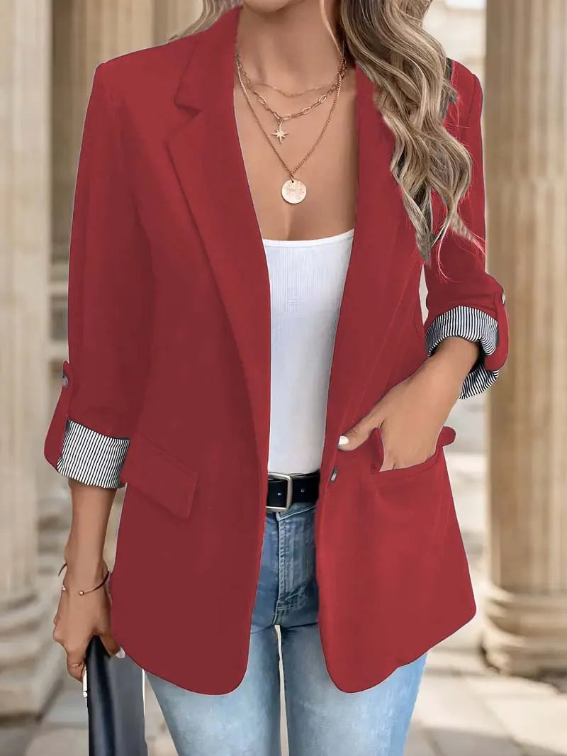 fashionable casual button up suit jacket slim fit seven quarter rolled sleeve suit jacket for women