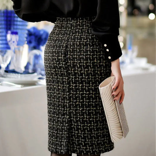 High Waist Slim Split  Knee-Length Plaid  Woolen Pencil Skirt